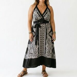 Y2K Modern Vintage Halter Top Plus Size Black White Satin Finish Scarf Dress